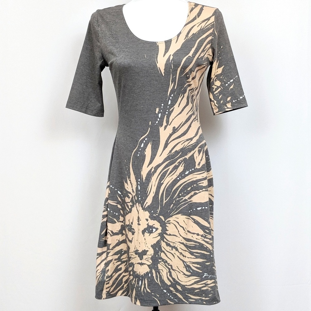 Paganne Mini Dress Short Sleeve Lion Animal Print Gray and Cream Packable XS NWT